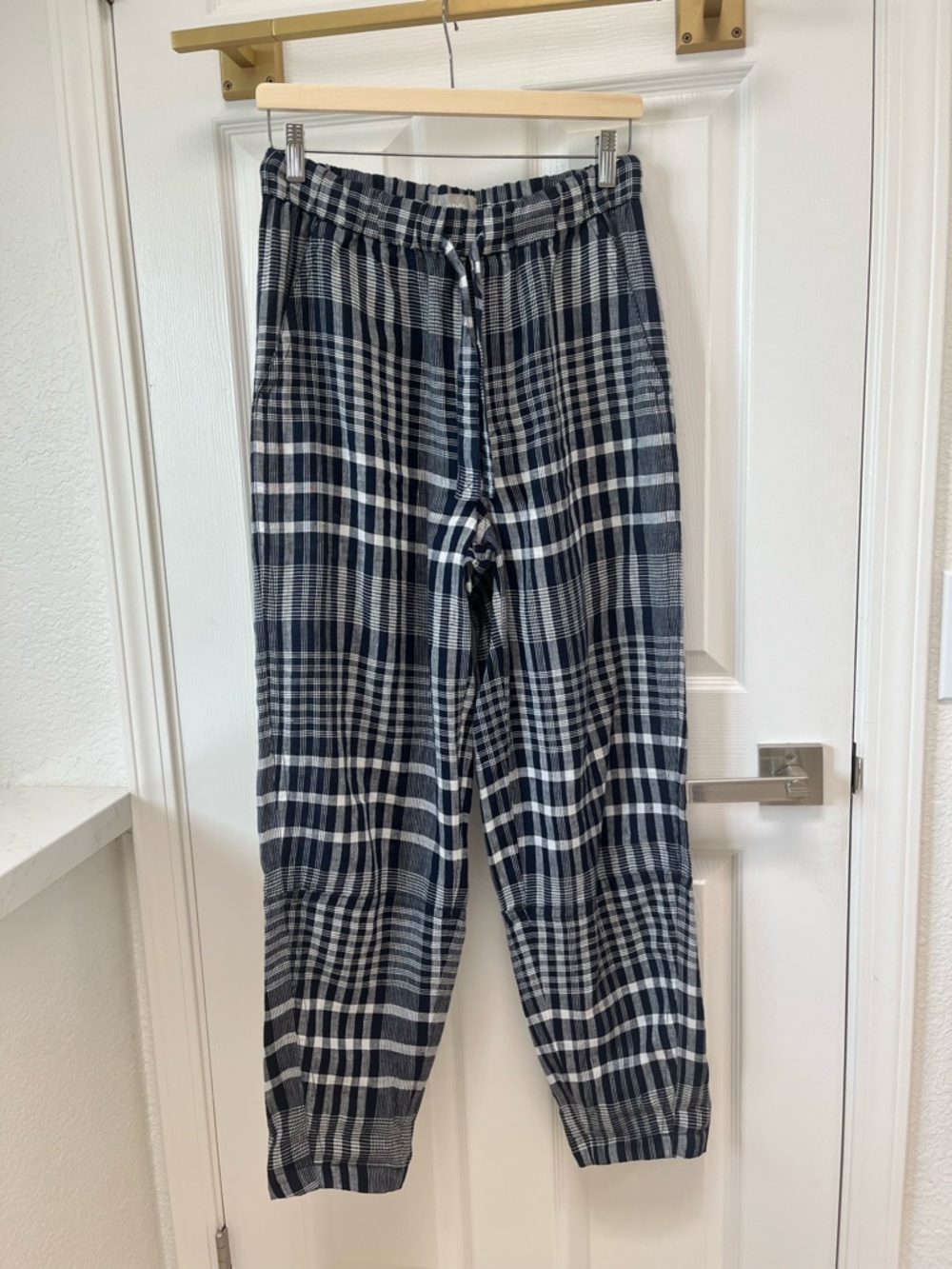 Everlane Easy Pant Navy Plaid Drawstring Pants Size S Relaxed Fit